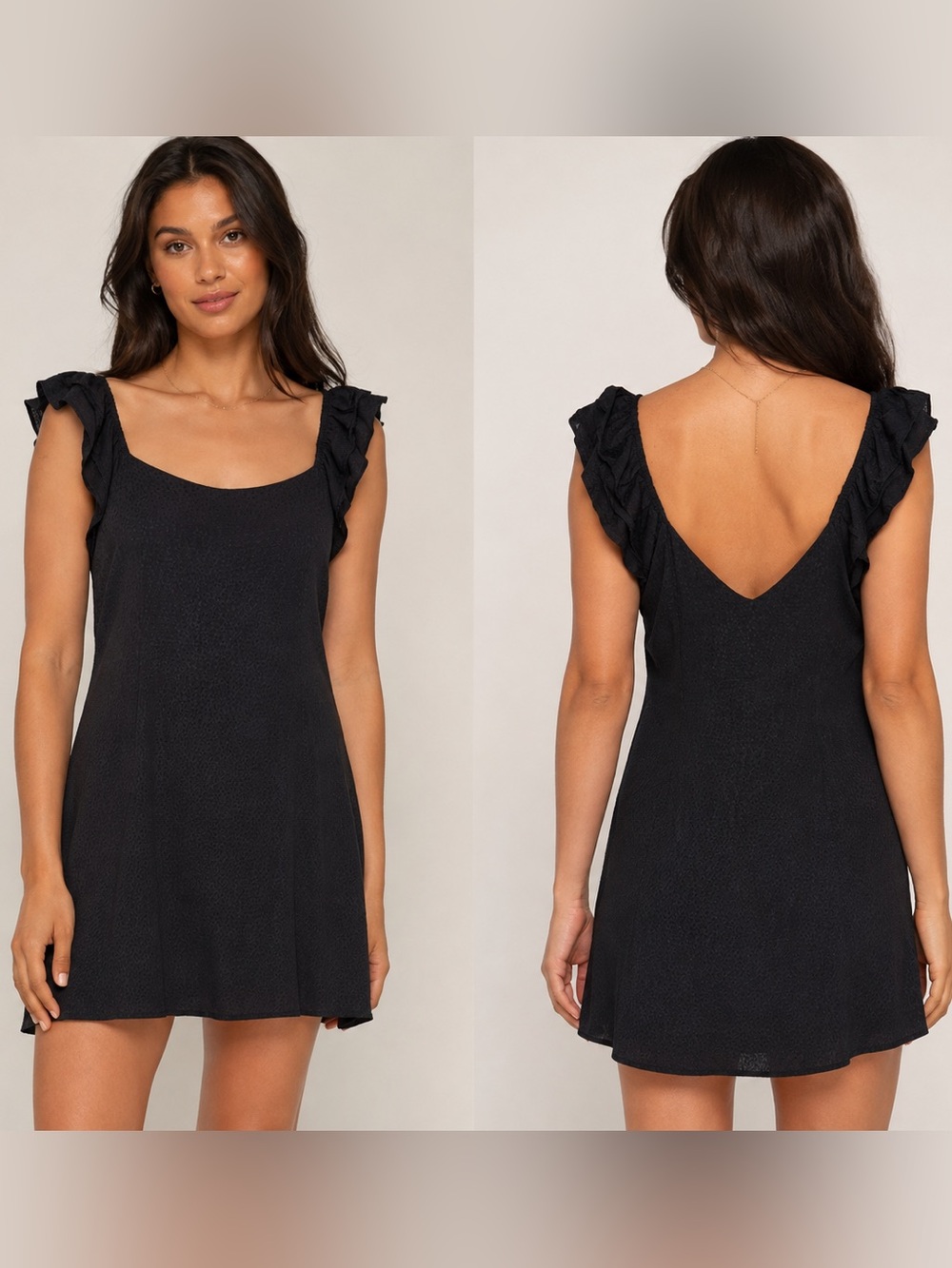 Gentle Fawn Black Pattern Ruffle Cap Sleeve A Line Little Black Dress